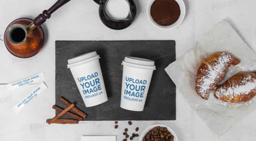 Coffee Cup Featuring Sugar Packets Business Cards Photoshop PSD Mockup Template