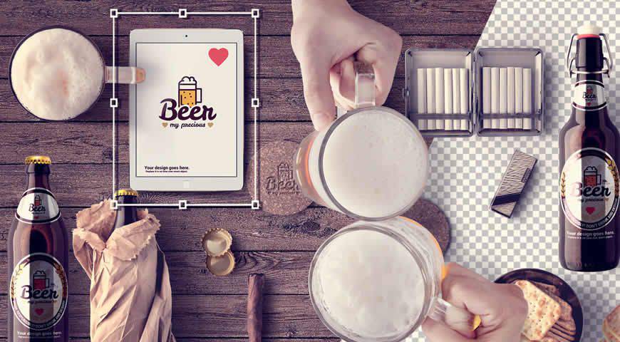 Mugs Table Beer Bottles Photoshop PSD Mockup Template