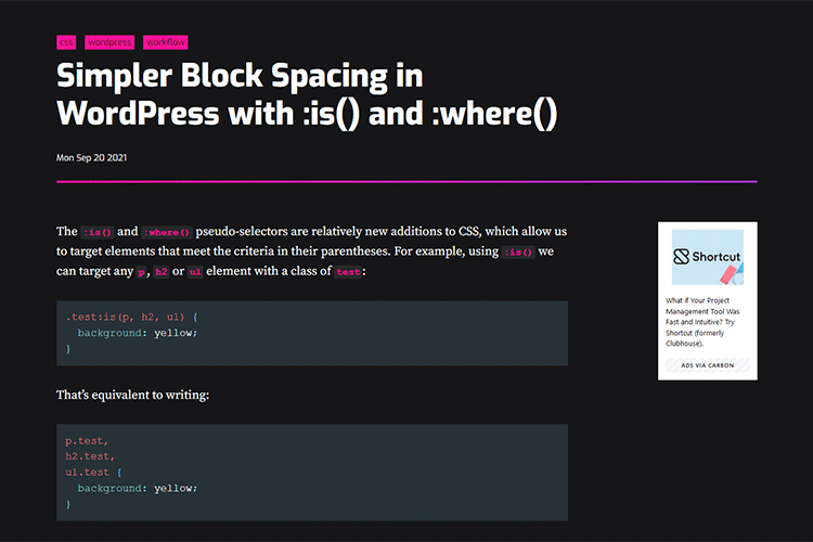 Example from Simpler Block Spacing in WordPress with :is() and :where()