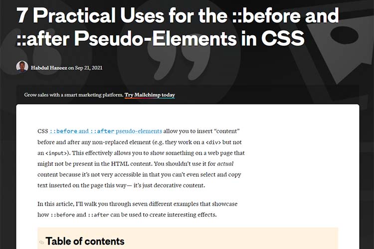 Example from 7 Practical Uses for the ::before and ::after Pseudo-Elements in CSS