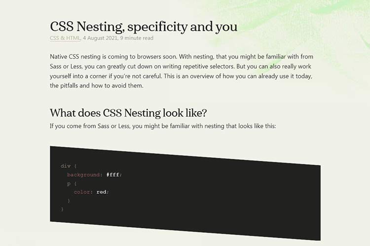 Example from CSS Nesting, specificity and you