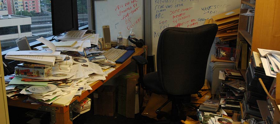 A cluttered office.