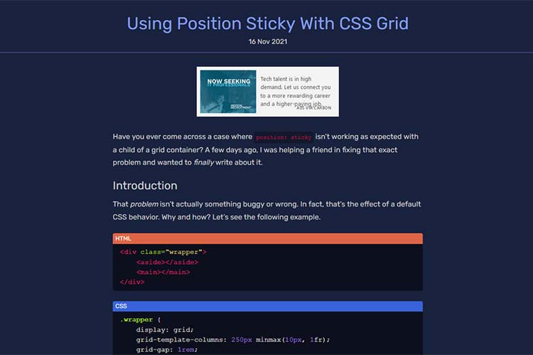 Example from Using Position Sticky With CSS Grid