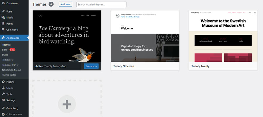 The WordPress Themes screen